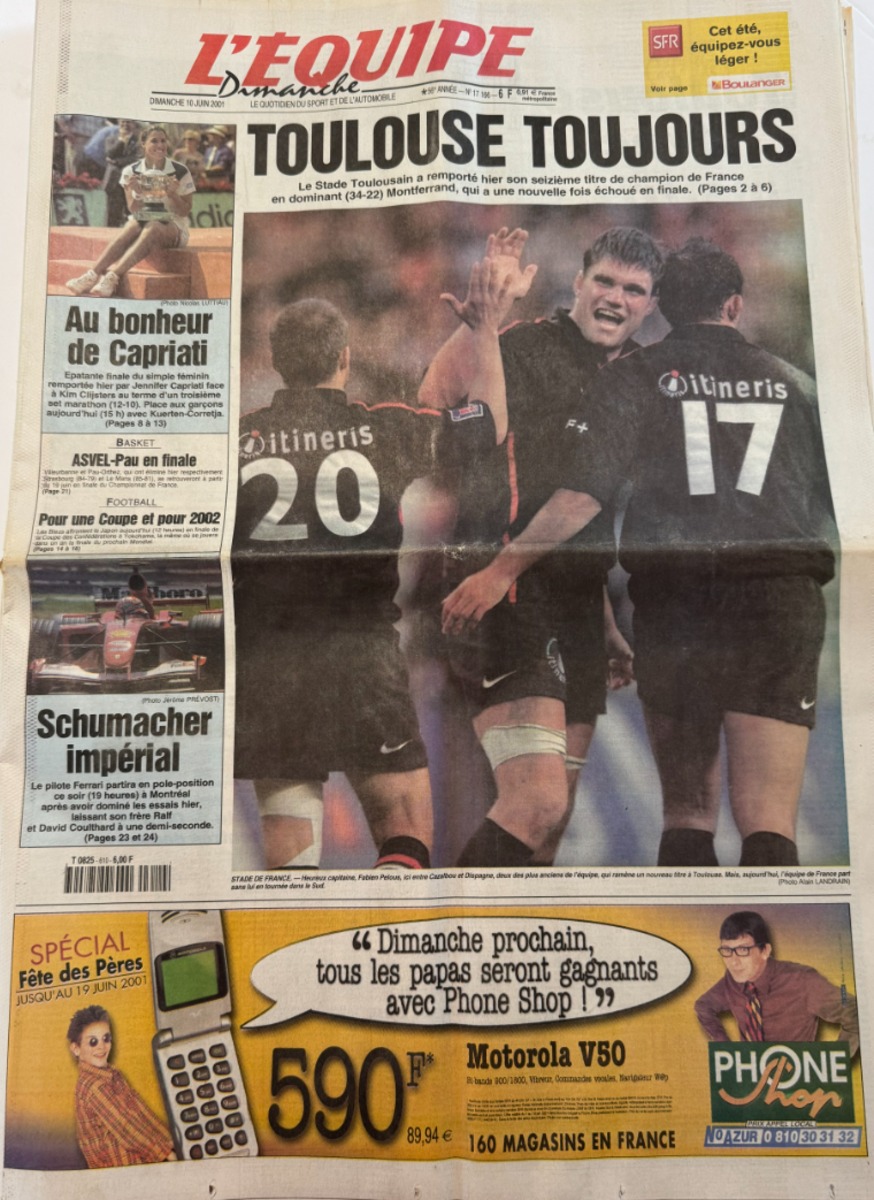 Journal l'équipe 10/06/2001 Toulouse toujours champion de France - Stade toulousain - Rugby - Journal L'Équipe authentique - Revue Vintage