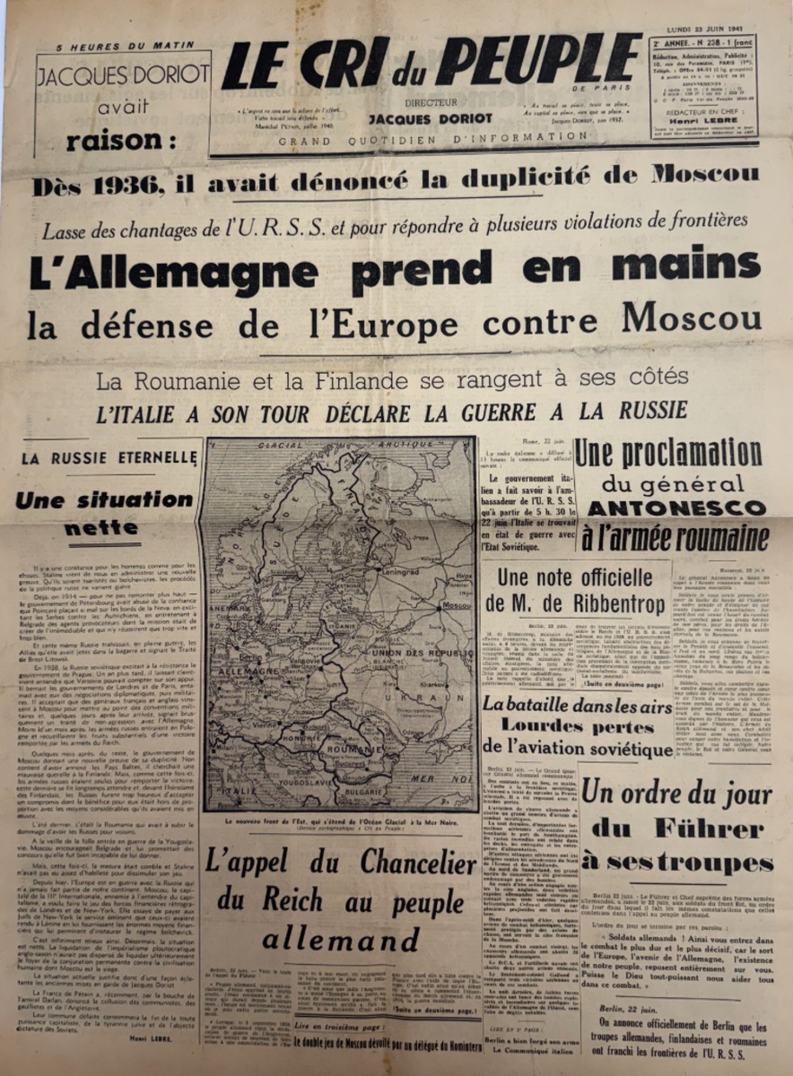 Journal Le Cri du Peuple du 23 juin 1941 L'Allemagne attaque la Russie - 2eme guerre mondiale - WW2 - Guerre authentique - Revue Vintage
