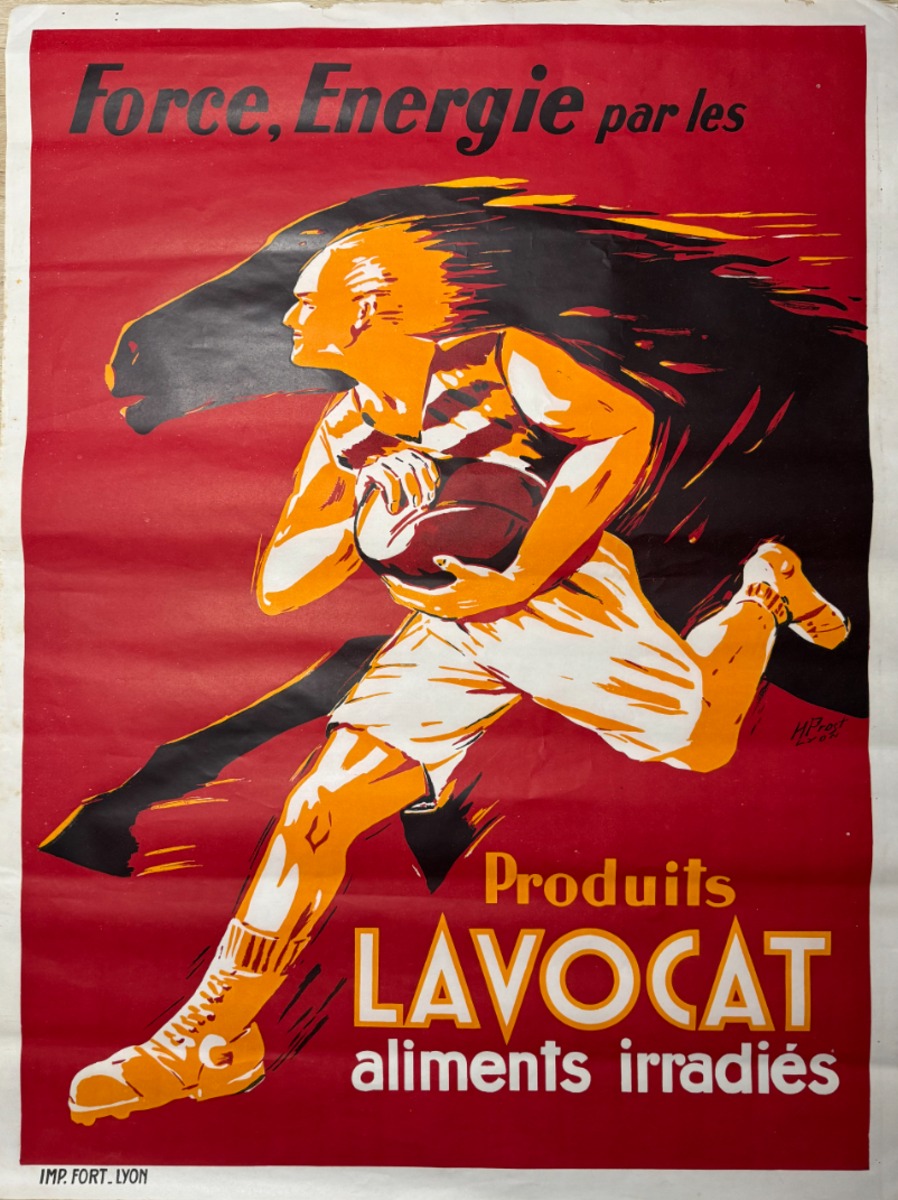 Affiche 1930 - produits Lavocat - aliments irradiés - Force, énergie - Rugby - Sport - Publicitaire authentique - Revue Vintage