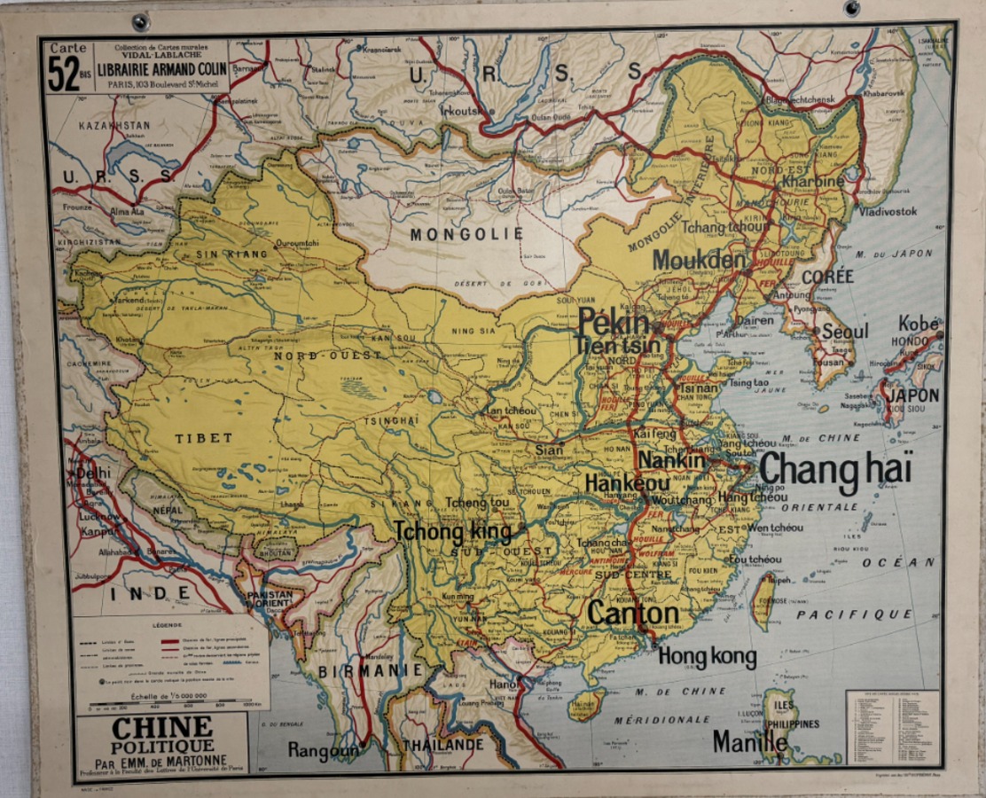 Ancienne carte scolaire N° 52 . Chine Corée Japon . Pékin Canton Séoul - Cartes Scolaires authentique - Revue Vintage