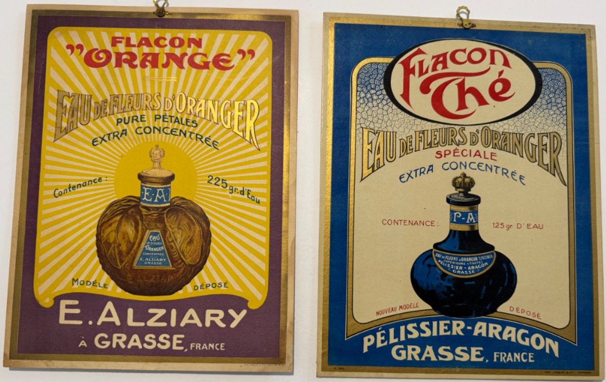 2 cartons publicitaires sur le parfum a Grasse - eau de fleurs d'oranger - Pélssier Aragon - E.Alziary - Publicitaire authentique - Revue Vintage