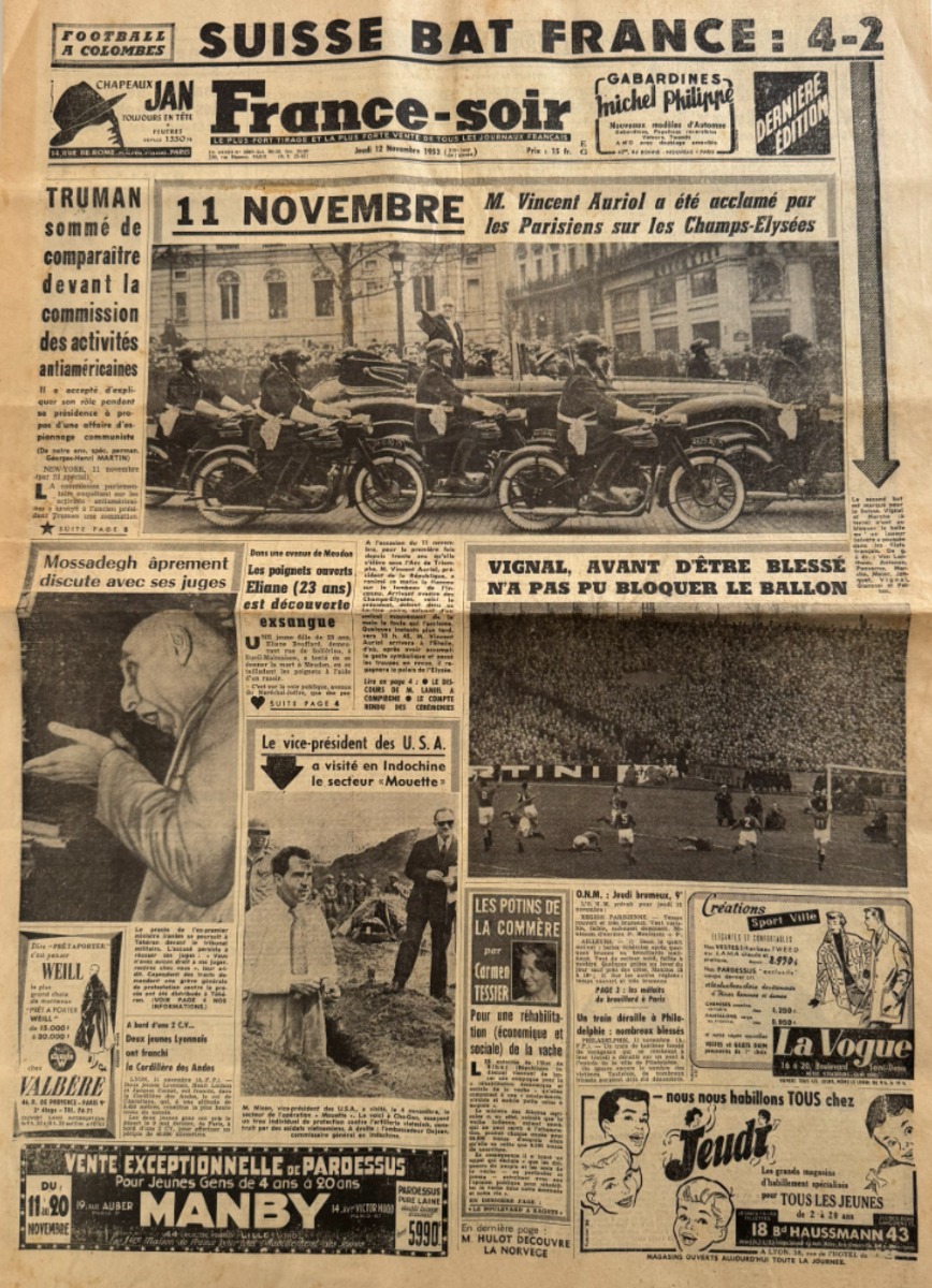 France Soir 11/11/1953 Vincent Auriol a été acclamé sur les Champs-Élysées - Armistice du 11 novembre 1918 - Vieux papiers authentique - Revue Vintage