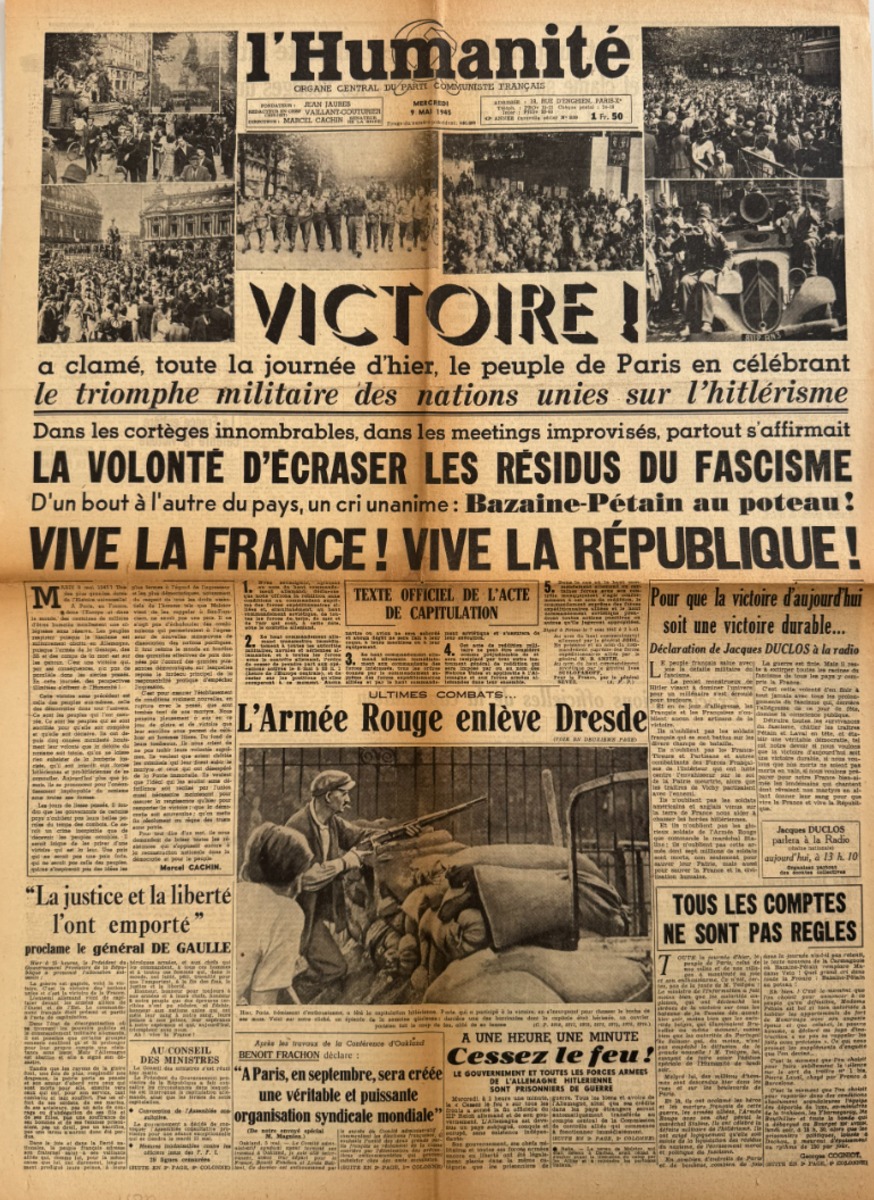 Journal l'Humanité Victoire !! Vive la France Vive la République - Fin de la 2eme guerre mondiale - WW2 . - Guerre authentique - Revue Vintage