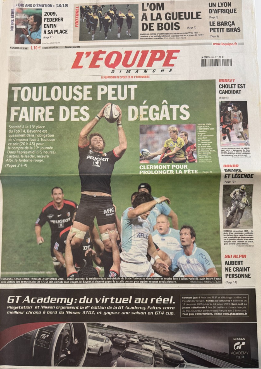 Journal l'équipe 03/01/2010 Toulouse peut faire des dégâts - stade Toulousain - Rugby - Journal L'Équipe authentique - Revue Vintage