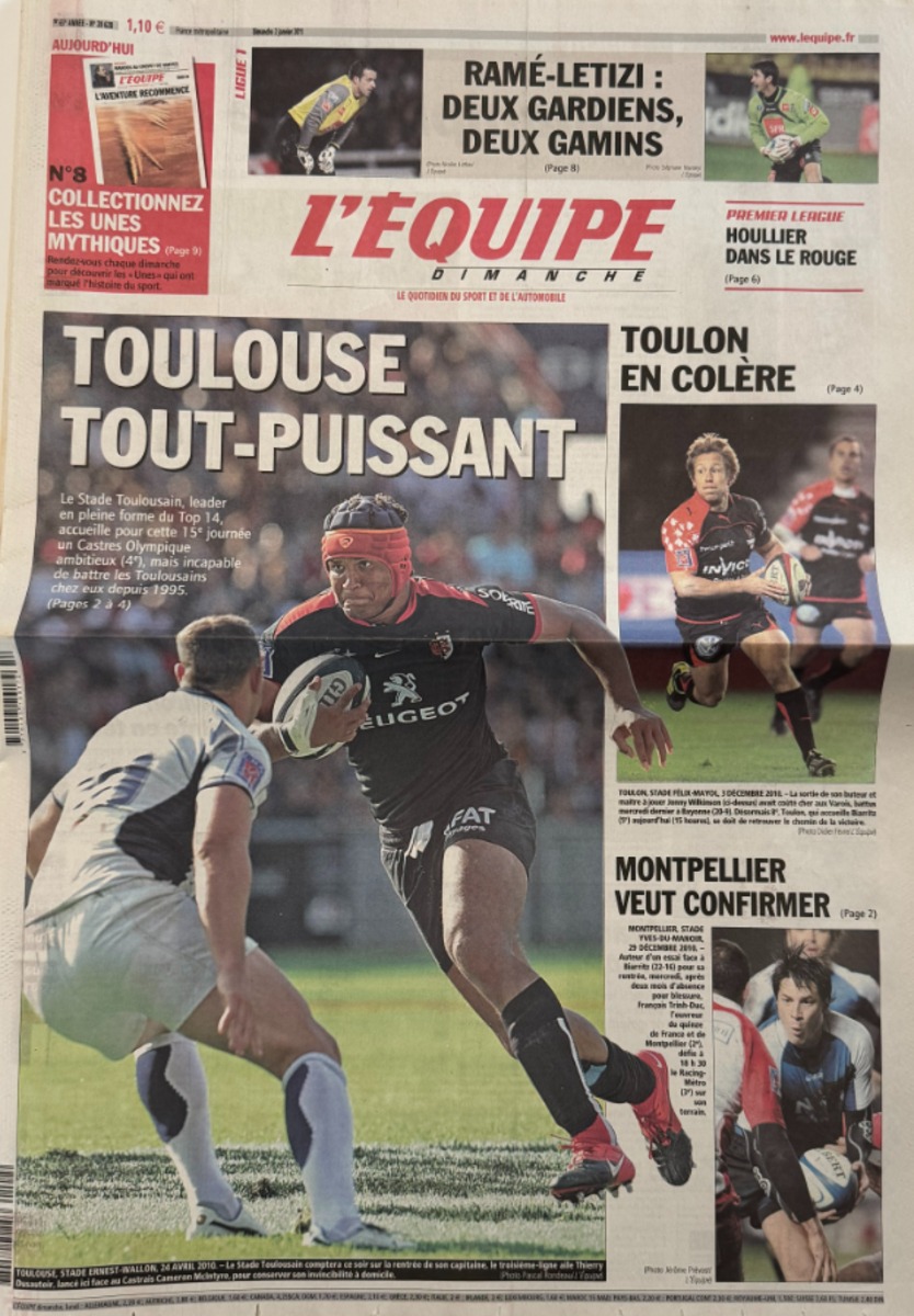 Journal l'équipe 02/01/2011 Toulouse tout puissant - stade Toulousain - Rugby - Journal L'Équipe authentique - Revue Vintage