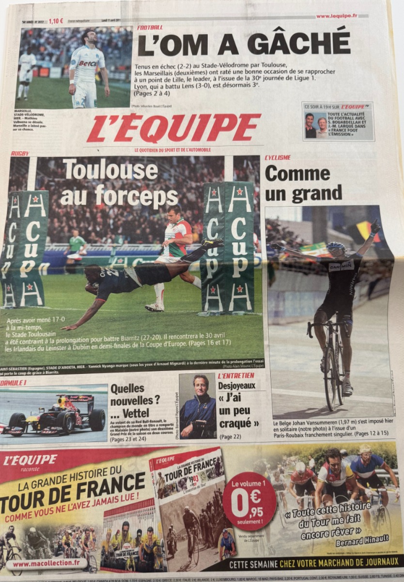 Journal l'équipe 11/04/2011 Toulouse au forceps - stade Toulousain - Rugby - Journal L'Équipe authentique - Revue Vintage