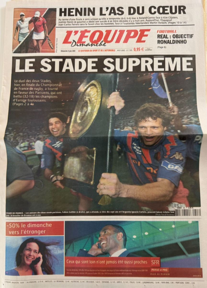 Journal l'équipe 08/06/2003 Toulouse / Stade Français le stade Suprême - stade Toulousain - Rugby - Journal L'Équipe authentique - Revue Vintage