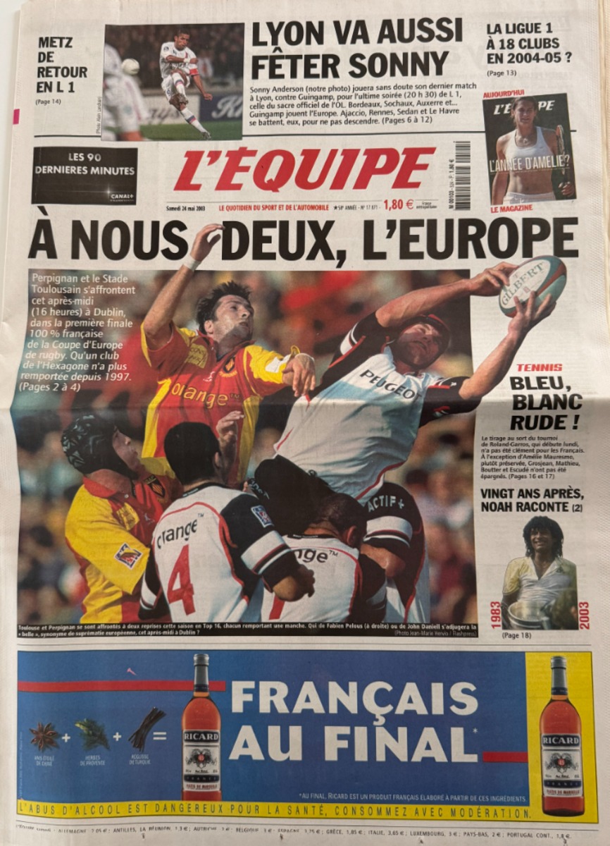 Journal l'équipe 24/05/2003 Toulouse / Perpignan Finale Coupe d'Europe - stade Toulousain - Rugby - Journal L'Équipe authentique - Revue Vintage