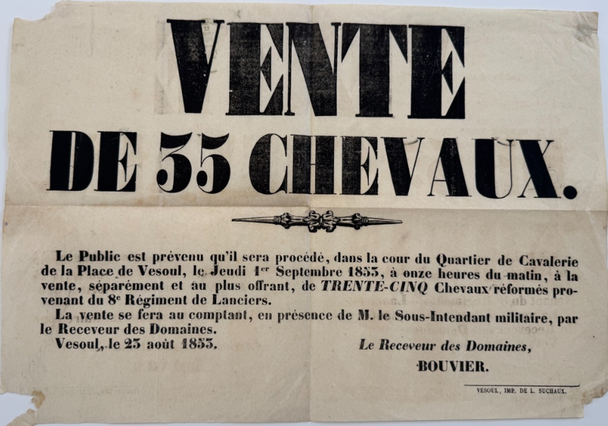 Affiche Vesoul vente de 35 chevaux réformés de cavalerie sur la place de Vesoul en 1853 - Haute-Saône authentique - Revue Vintage