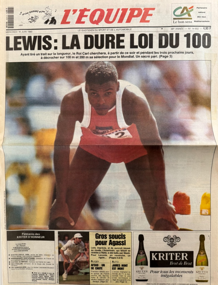 Journal l'équipe 16/06/1993 Carl Lewis au 100 mètres et 200 mètres - Journal L'Équipe authentique - Revue Vintage
