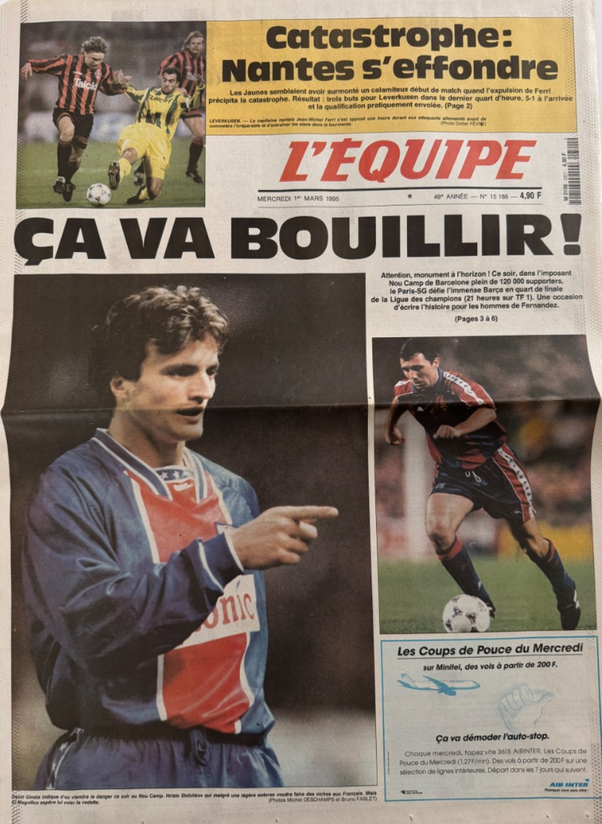 Journal l'équipe 01/03/1995 Ça va bouillir PSG / Barcelone - ligue des champions Paris Saint Germain - Journal L'Équipe authentique - Revue Vintage