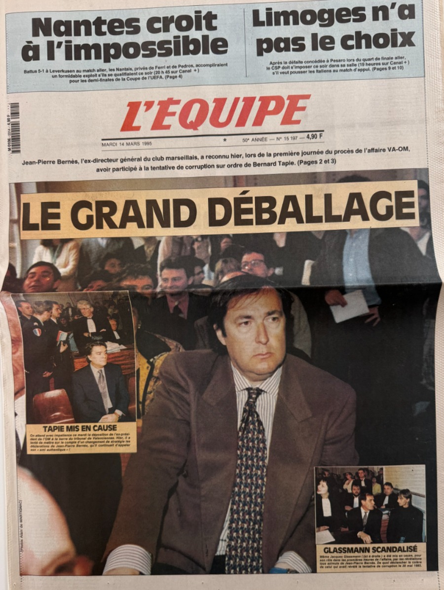 Journal l'équipe 14/03/1995 Marseille procès de l'affaire VA-OM - Tapis -Football - Journal L'Équipe authentique - Revue Vintage