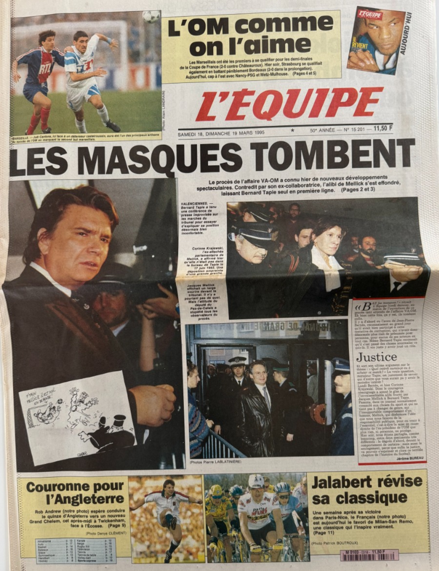 Journal l'équipe 19/03/1995 Les masques tombent Marseille procès de l'affaire VA-OM - Tapis -Football - Journal L'Équipe authentique - Revue Vintage