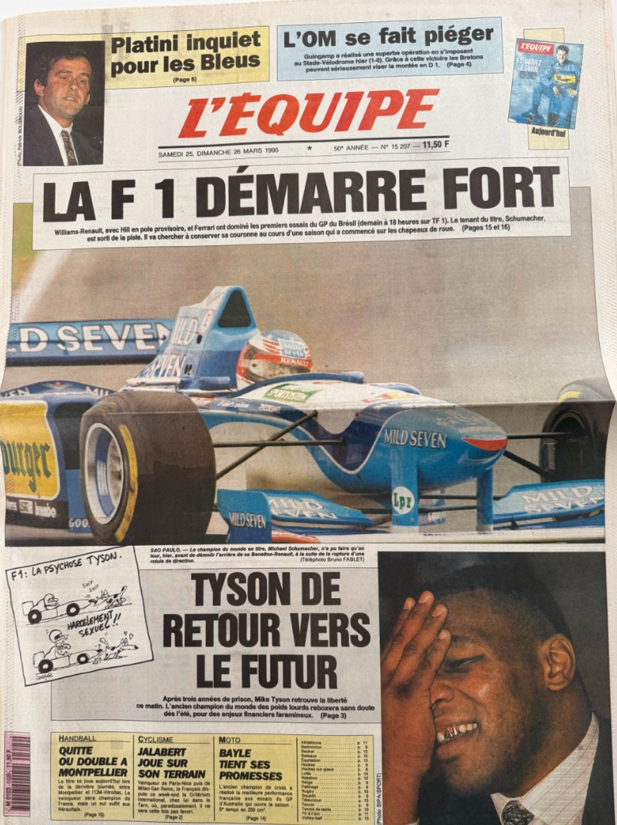 Journal l'équipe 26/03/1995 La F1 démarre fort - Schumacher - Hill - Formule 1 - Journal L'Équipe authentique - Revue Vintage