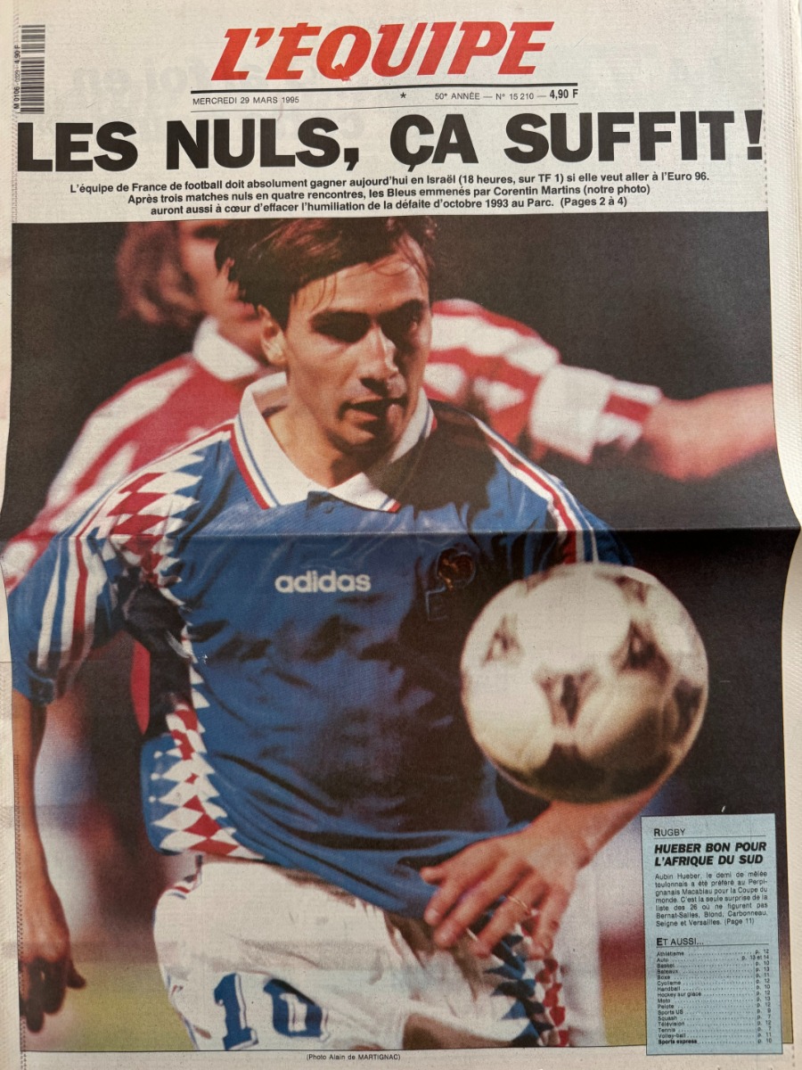 Journal l'équipe 29/03/1995 Les nuls, ça suffit !! l'équipe de France contre Israël - Football - Journal L'Équipe authentique - Revue Vintage