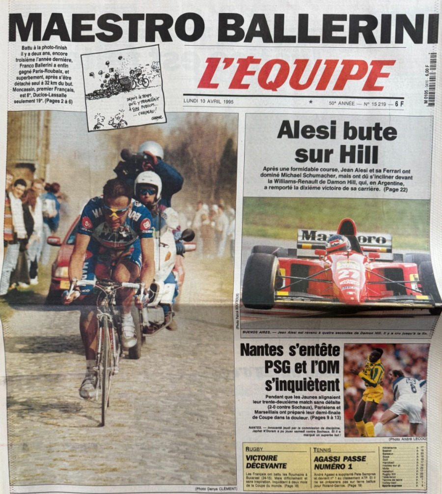 Journal l'équipe 10/04/1995 Maestro Ballerini - Paris Roubaix - cyclisme - Journal L'Équipe authentique - Revue Vintage