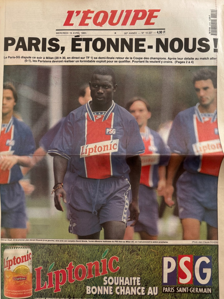 Journal l'équipe 19/04/1995 Milan AC contre PSG - Paris étonne nous - Football - Journal L'Équipe authentique - Revue Vintage