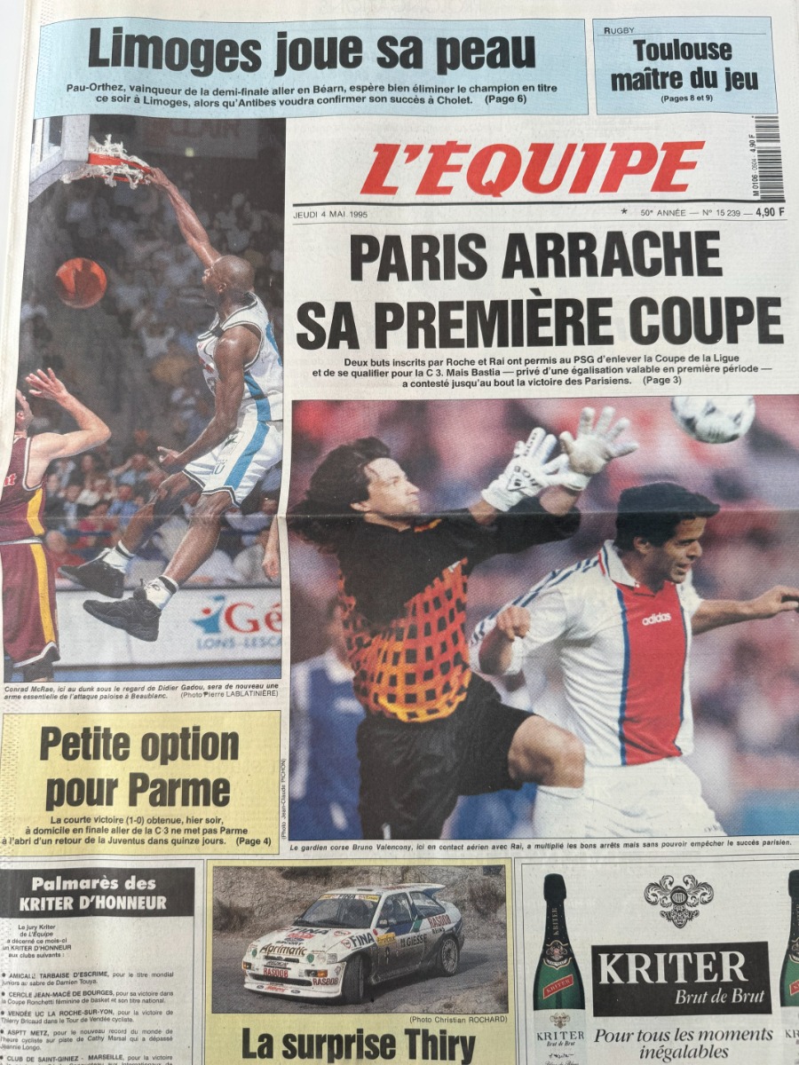 Journal l'équipe 04/05/1995 Paris arrache sa première Coupe de la Ligue - football - Journal L'Équipe authentique - Revue Vintage