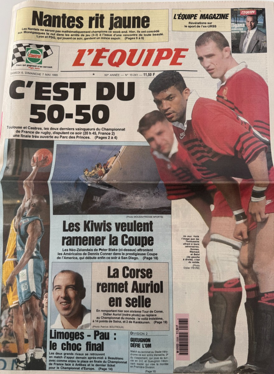Journal l'équipe 07/05/1995 C'est du 50 - 50 Toulouse contre Castres - Rugby - Journal L'Équipe authentique - Revue Vintage