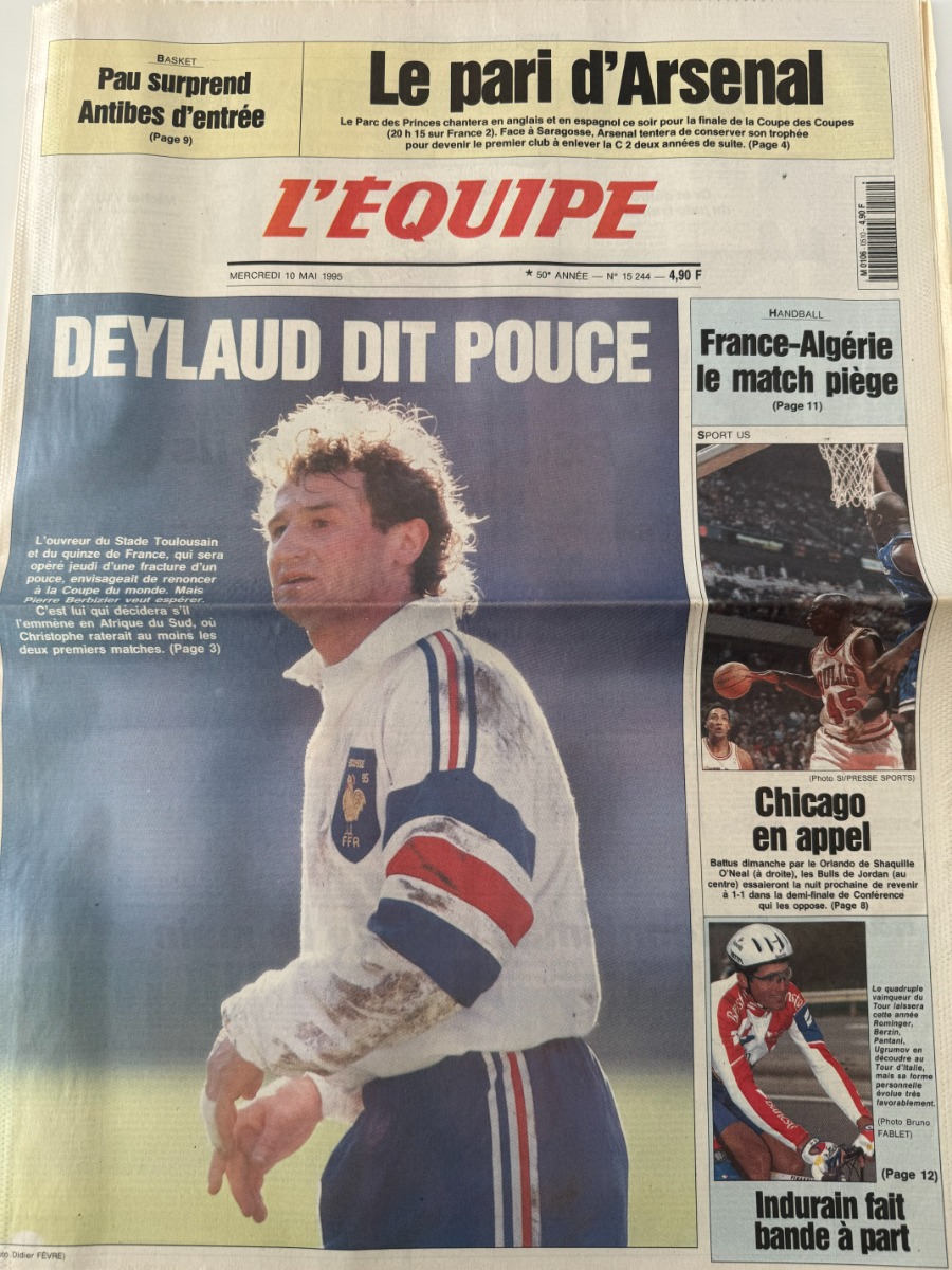 Journal l'équipe 10/05/1995 L'ouvreur du Stade Toulousain Deylaud fracture - Rugby - Toulouse - Journal L'Équipe authentique - Revue Vintage