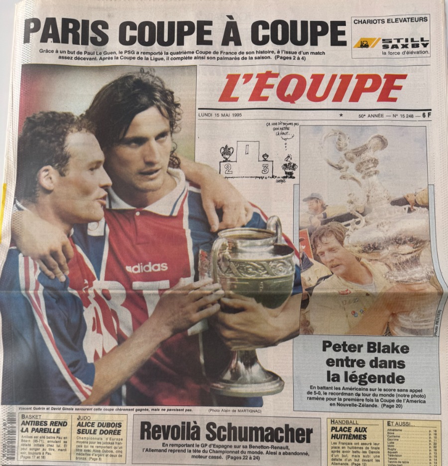 Journal l'équipe 15/05/1995 Paris Coupe a Coupe - Paris contre Strasbourg Coupe de France - Football - Journal L'Équipe authentique - Revue Vintage