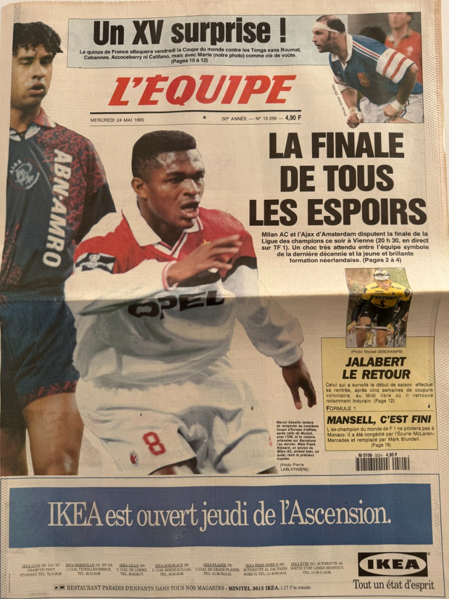 Journal l'équipe 24/05/1995 La finale de tous les espoirs Milan AC / l'Ajax Ligue des Champions - Football - Journal L'Équipe authentique - Revue Vintage