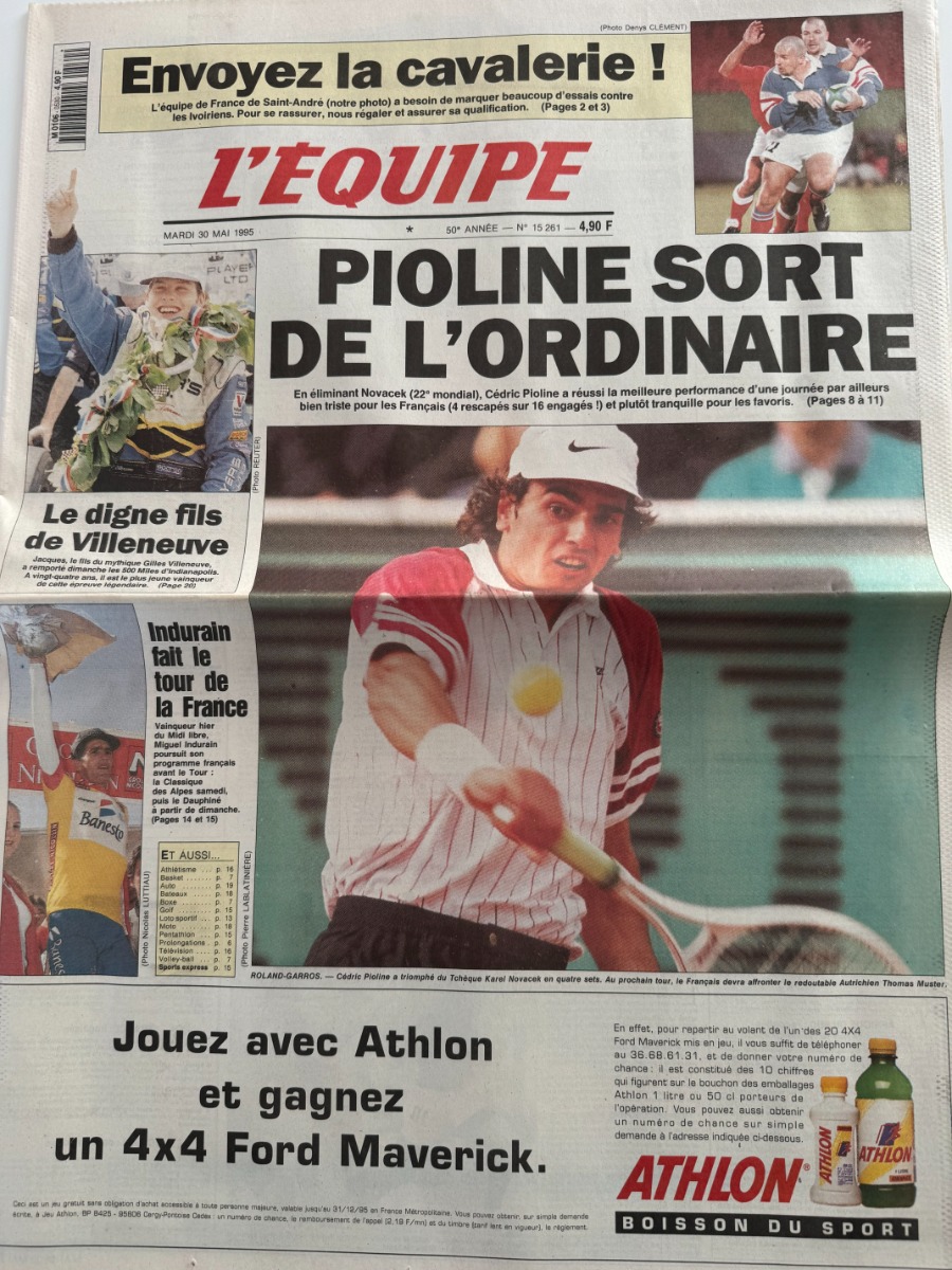 Journal l'équipe 30/05/1995 Pioline a Roland Garros - Journal L'Équipe authentique - Revue Vintage