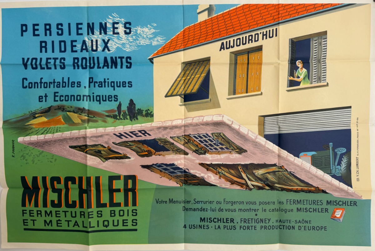 Affiche Mischler persiennes rideaux - volets roulants - Fretigney - Haute Saone - Publicitaire authentique - Revue Vintage