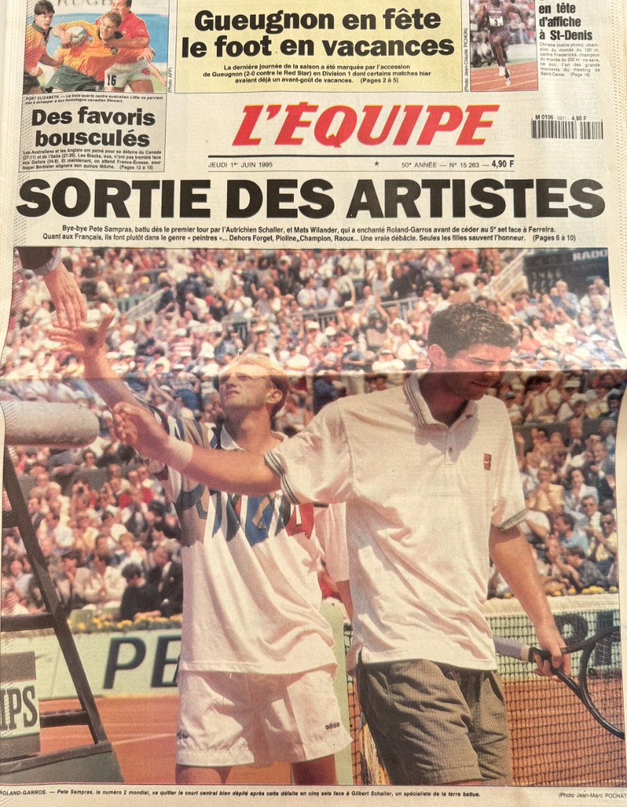 Journal l'équipe 01/06/1995 Sortie des artistes - Sampras - Wilander - Roland Garros Tennis - Journal L'Équipe authentique - Revue Vintage