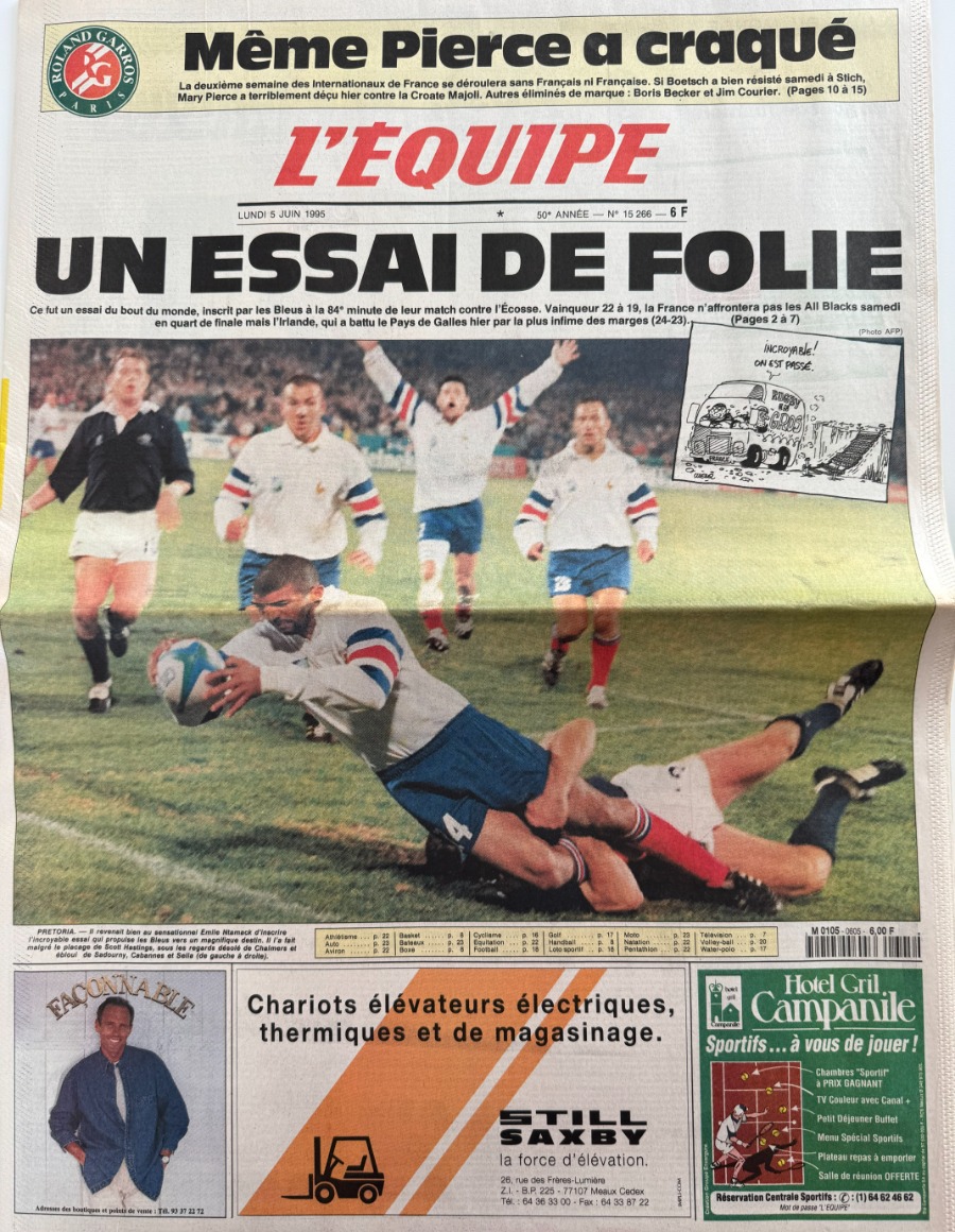 Journal l'équipe 05/06/1995 France / Écosse - Un essai de folie - Coupe du monde de rugby - Journal L'Équipe authentique - Revue Vintage