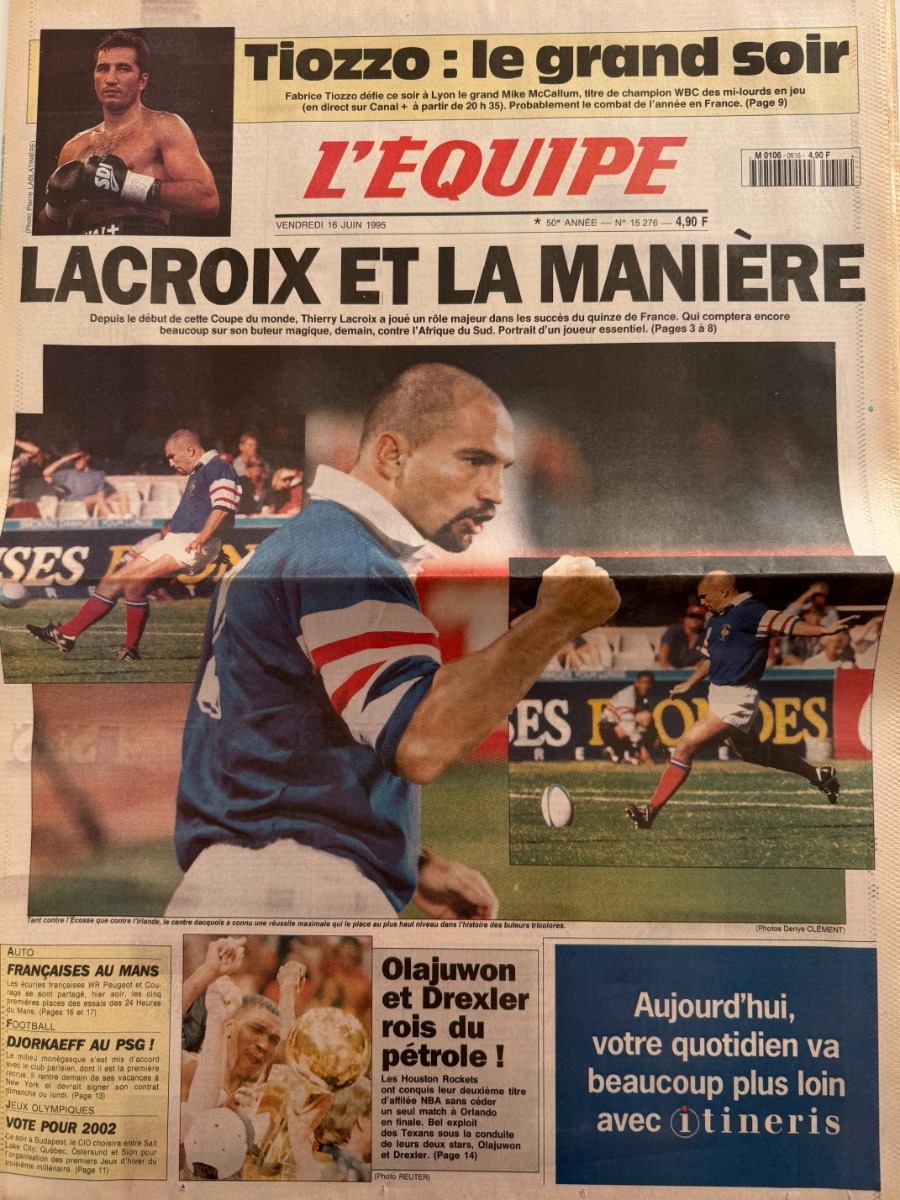 Journal l'équipe 16/06/1995 Lacroix et la manière - Coupe du monde de rugby - Journal L'Équipe authentique - Revue Vintage