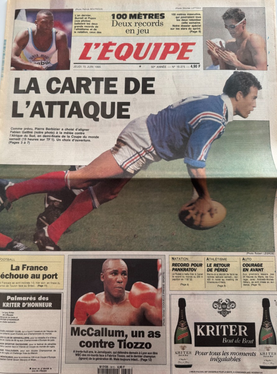 Journal l'équipe 15/06/1995 La carte de l'attaque - Coupe du monde de rugby - Journal L'Équipe authentique - Revue Vintage