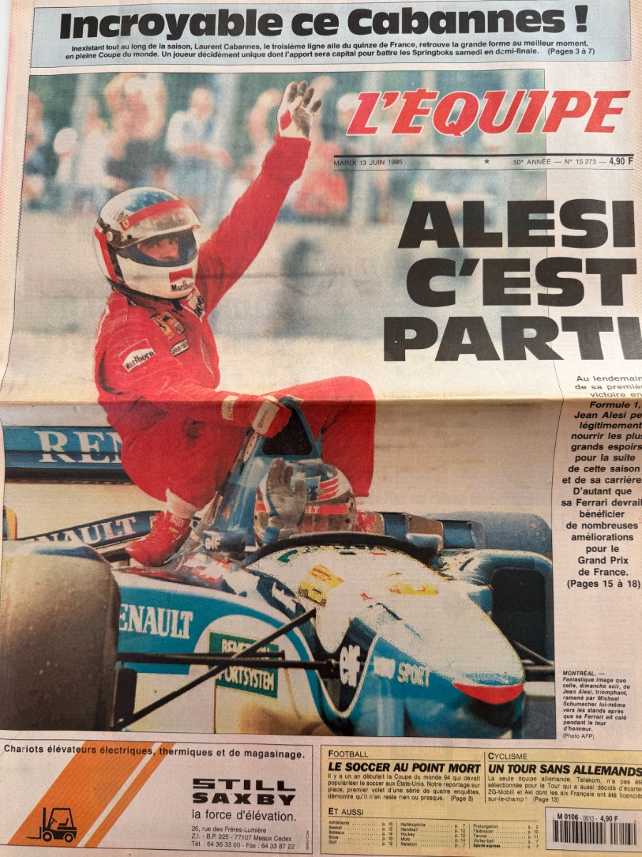 Journal l'équipe 19/06/1995 Alesi c'est parti - Il décroche sa 1er victoire en Formule 1 - Journal L'Équipe authentique - Revue Vintage