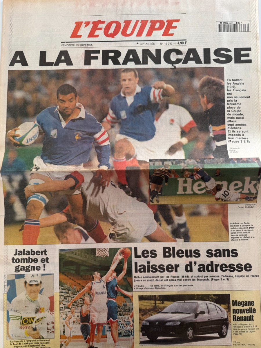 Journal l'équipe 23/06/1995 France / Angleterre a la Française - Coupe du monde de rugby - Journal L'Équipe authentique - Revue Vintage