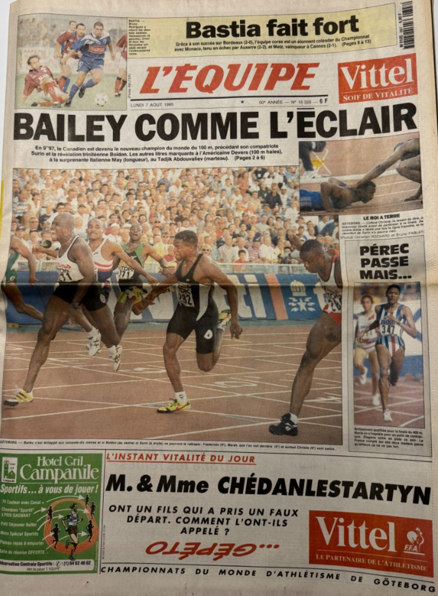 Journal l'équipe 07/08/1995 Bailey comme l'éclaire Champion du Monde du 100 m - Athlétisme - Journal L'Équipe authentique - Revue Vintage