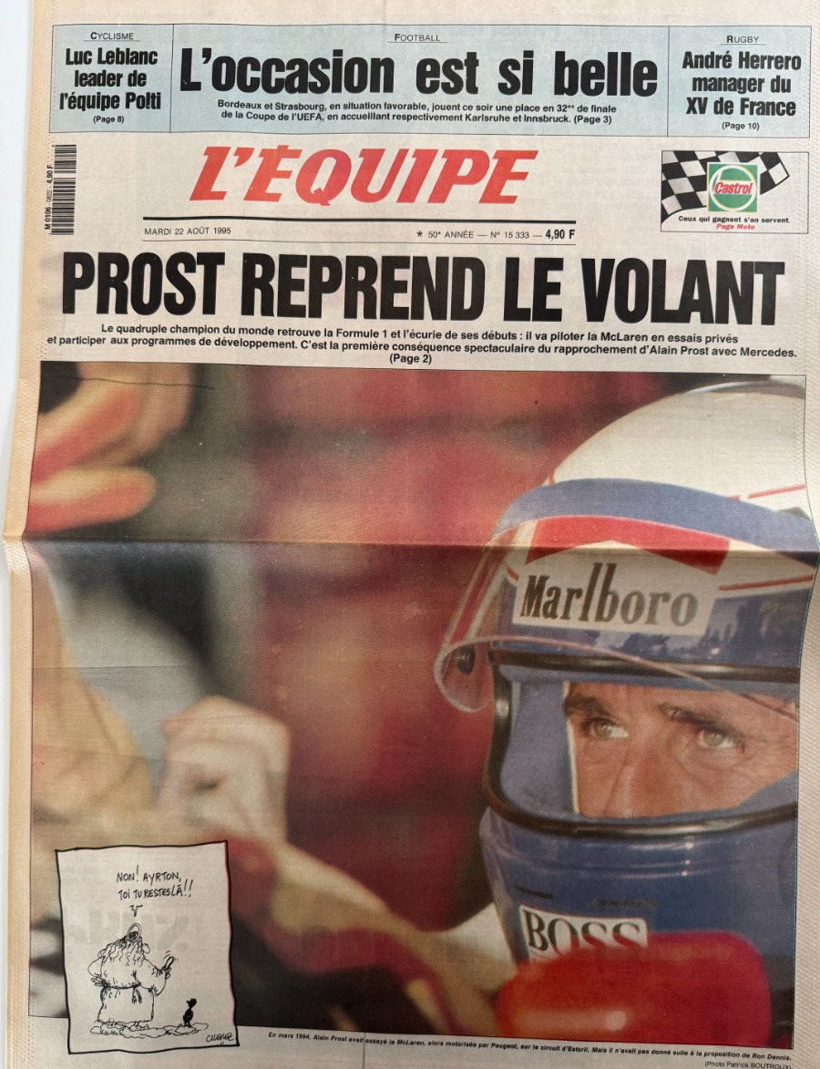 Journal l'équipe 22/08/1995 Prost reprend le volant - Formule 1 - Journal L'Équipe authentique - Revue Vintage