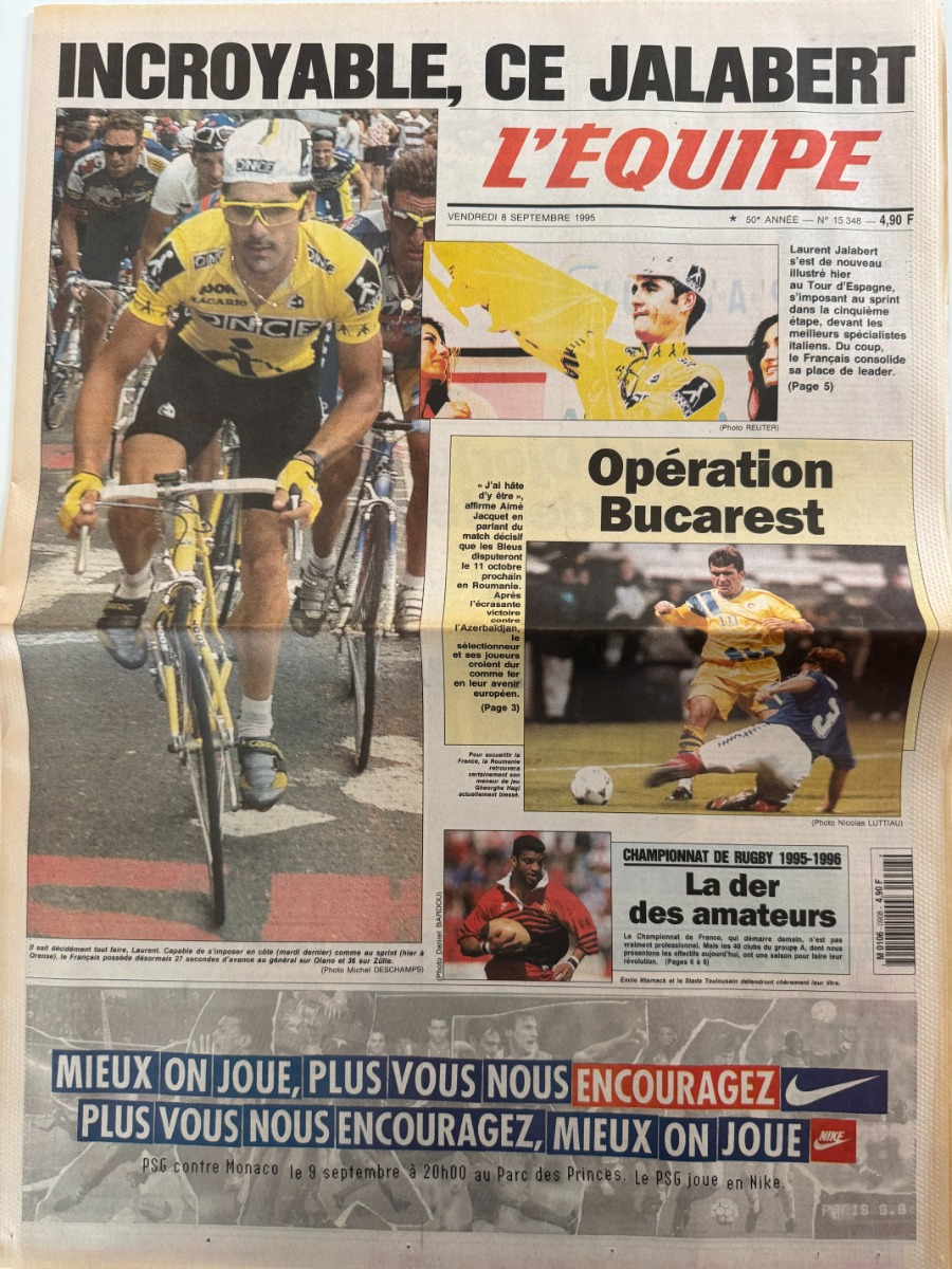 Journal l'équipe 08/09/1995 Incroyable Laurent Jalabert - Tour d'Espagne - Cyclisme - Journal L'Équipe authentique - Revue Vintage