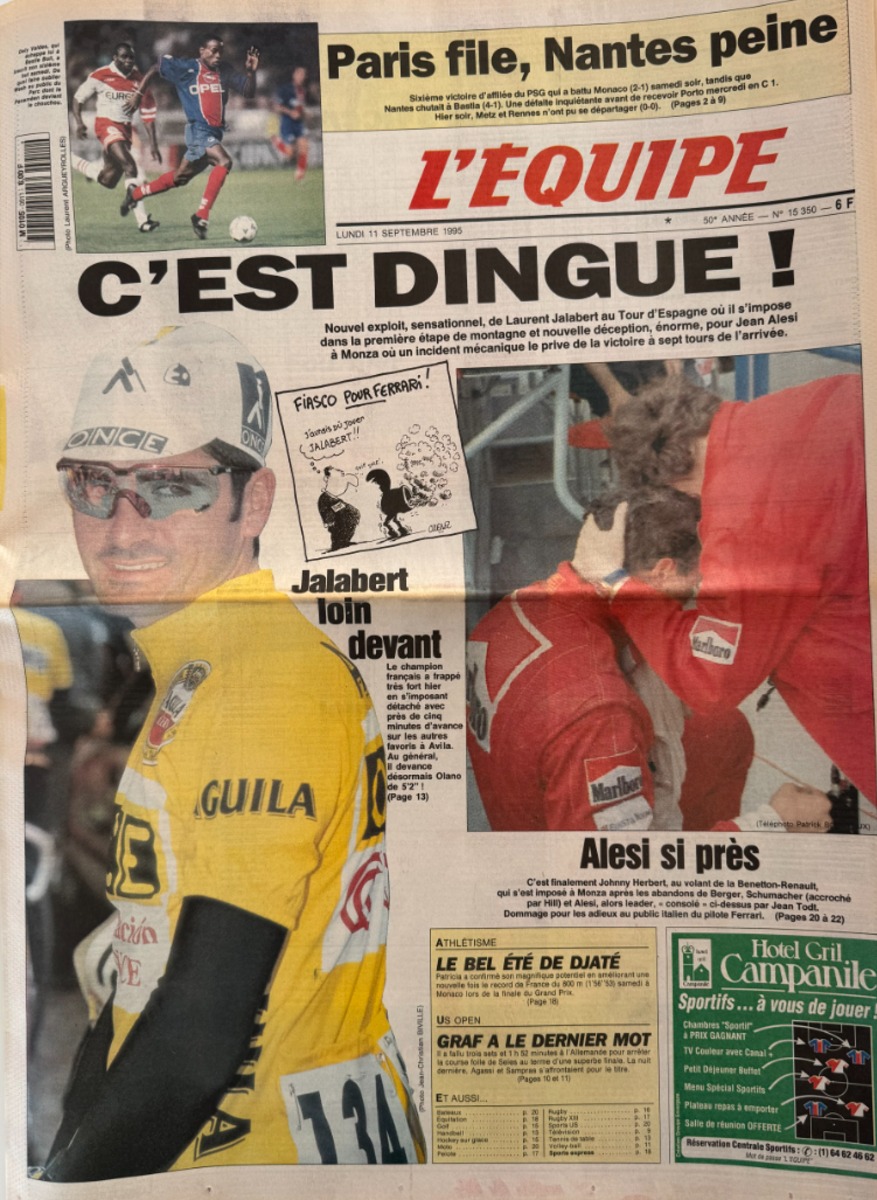 Journal l'équipe 11/09/1995 C'est dingue !!! Laurent Jalabert - Tour d'Espagne - Cyclisme - Journal L'Équipe authentique - Revue Vintage