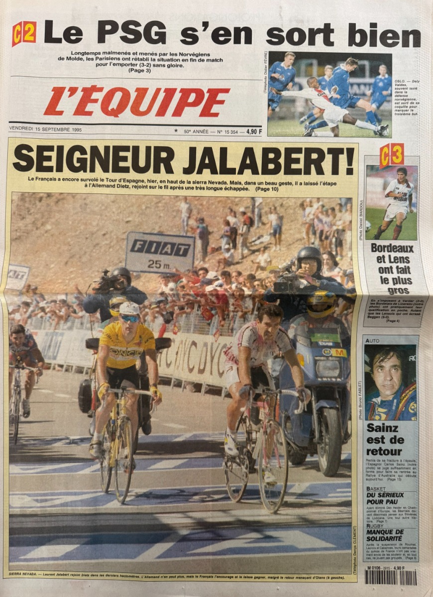 Journal l'équipe 15/09/1995 Seigneur Laurent Jalabert - Tour d'Espagne - Cyclisme - Journal L'Équipe authentique - Revue Vintage