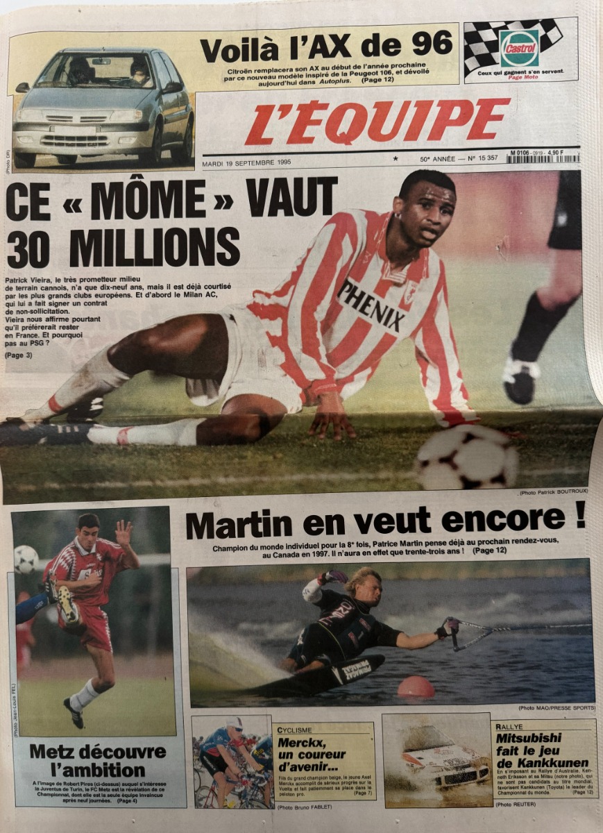 Journal l'équipe 19/09/1995 Ce môme vaut 30 millions - Patrick Vieira - Football - Journal L'Équipe authentique - Revue Vintage