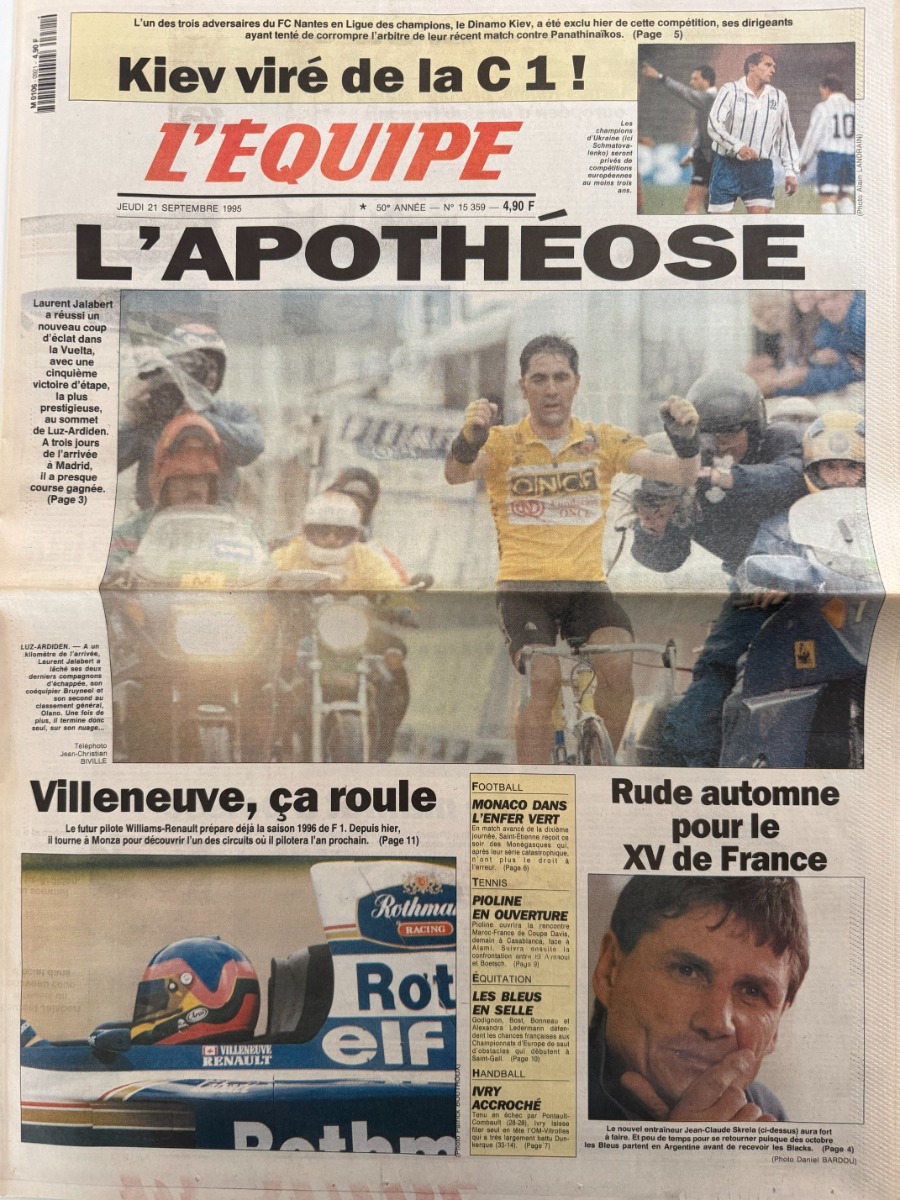 Journal l'équipe 21/09/1995 L'apothéose Laurent Jalabert Tour d'Espagne - Cyclisme - Journal L'Équipe authentique - Revue Vintage