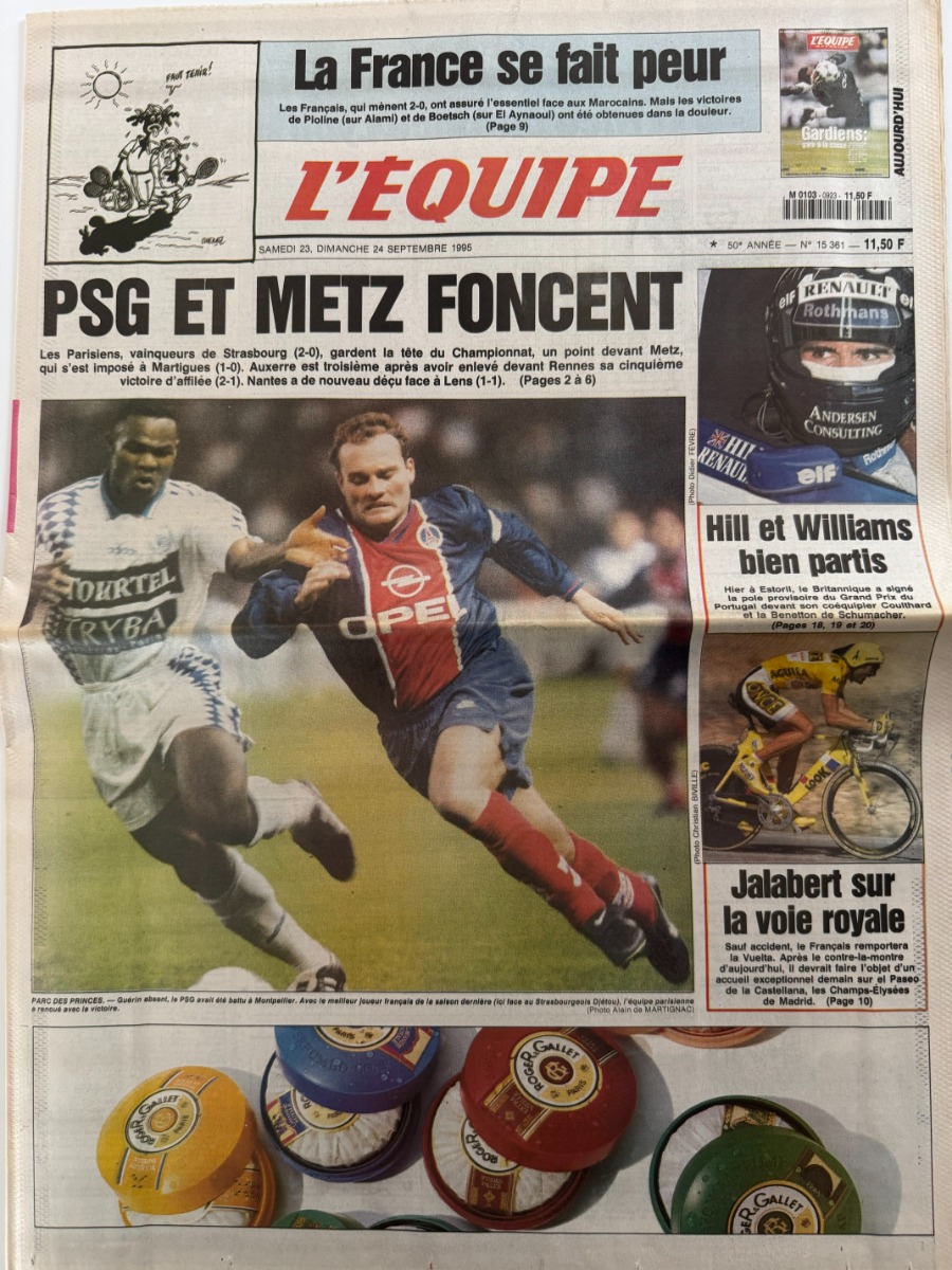 Journal l'équipe 24/09/1995 PSG et Metz foncent - Football - Journal L'Équipe authentique - Revue Vintage