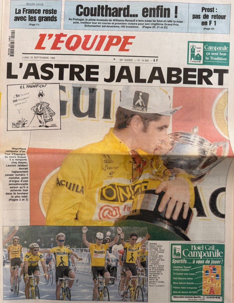 Journal l'équipe 25/09/1995 L'astre Jalabert remporte le Tour d'Espagne - Cyclisme - Journal L'Équipe authentique - Revue Vintage