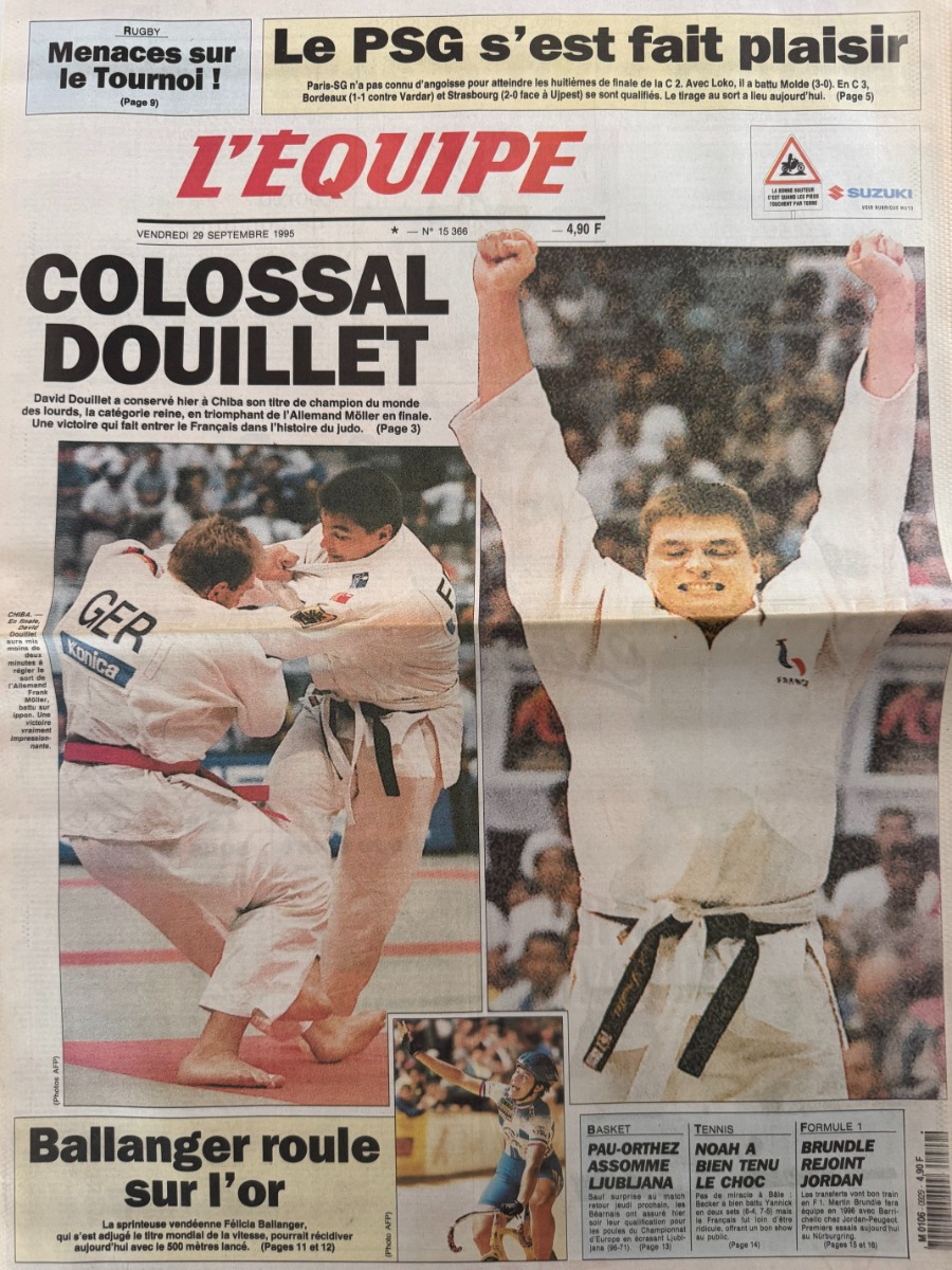 Journal l'équipe 29/09/1995 Colossal - David Douillet champion du monde de Judo - Journal L'Équipe authentique - Revue Vintage