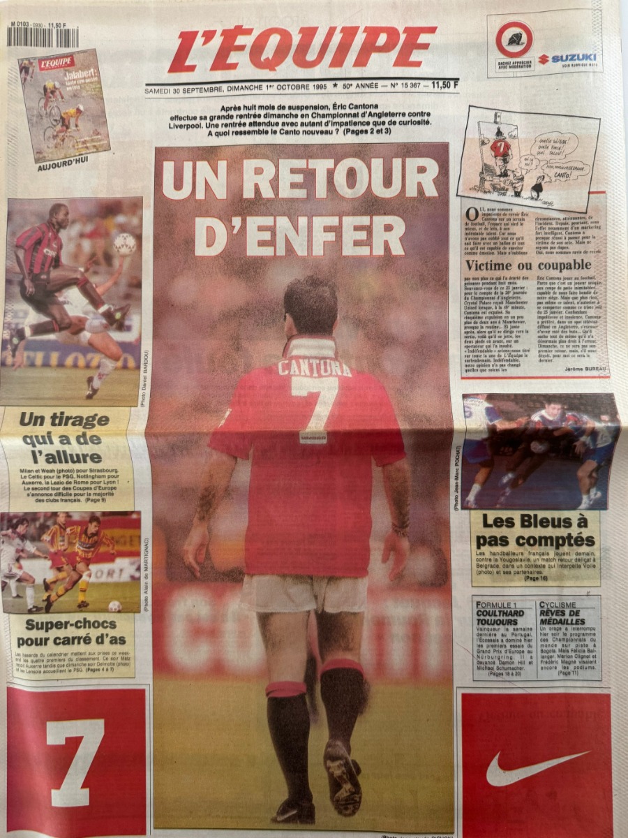 Journal l'équipe 30/09/1995 Un retour d'enfer -  Eric Cantona - Football - Journal L'Équipe authentique - Revue Vintage