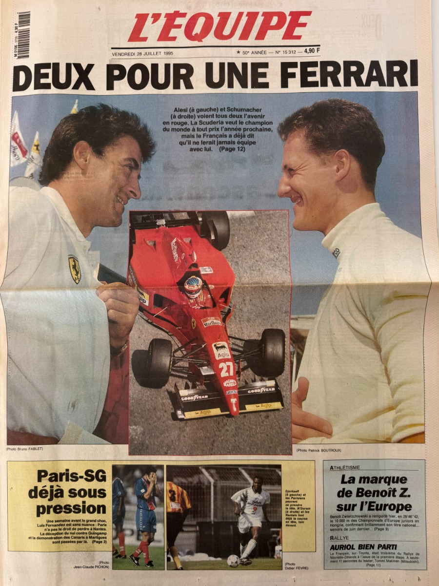 Journal l'équipe 28/07/1995 Deux pour une Ferrari - Alesi . Schumacher - Formule 1 - Journal L'Équipe authentique - Revue Vintage