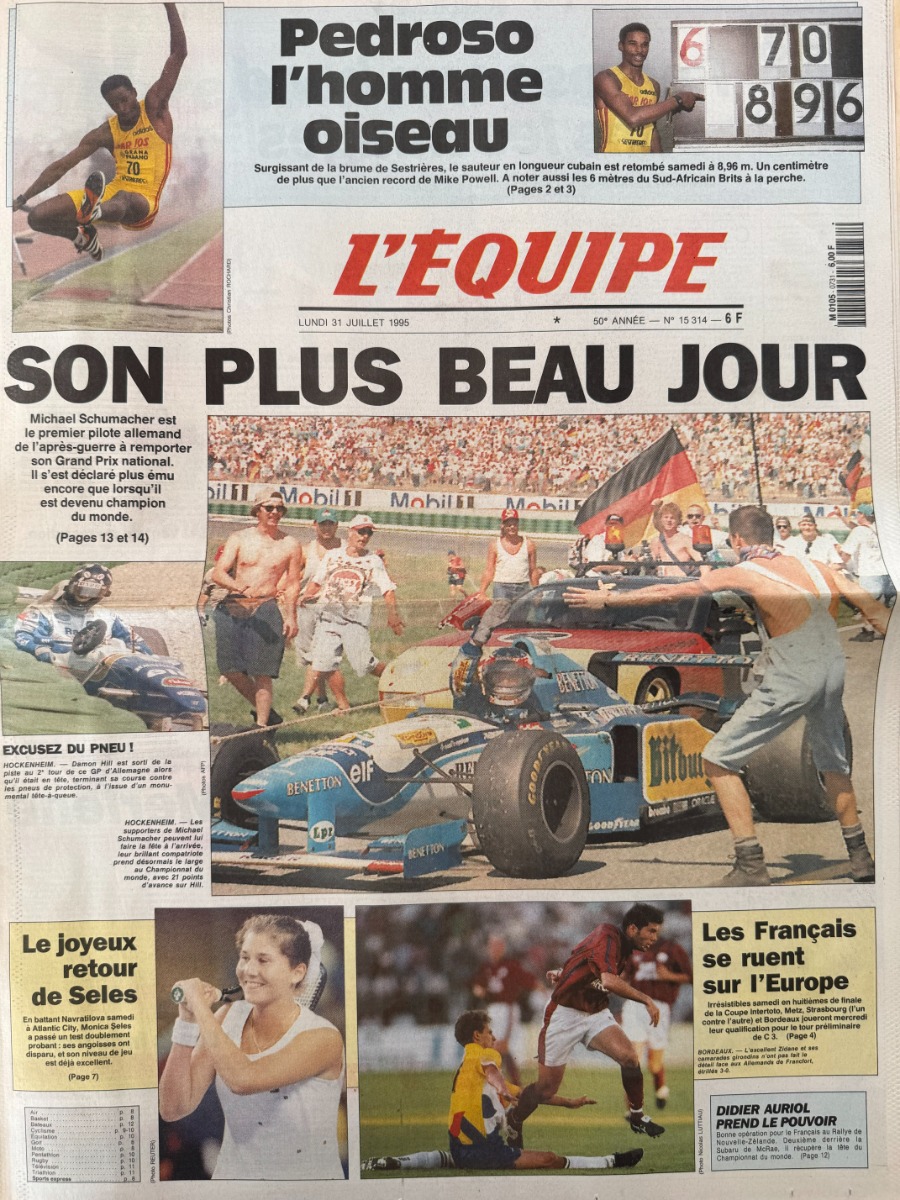 Journal l'équipe 28/07/1995 Son plus beau jour Michael Schumacher remporte le Grand Prix d’Allemagne - Formule 1 - Journal L'Équipe authentique - Revue Vintage
