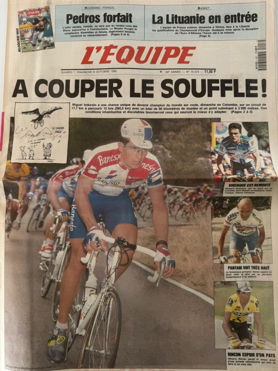 Journal l'équipe 08/10/1995 A couper le souffle Miguel Indurain champion du monde ? Cyclisme - Journal L'Équipe authentique - Revue Vintage