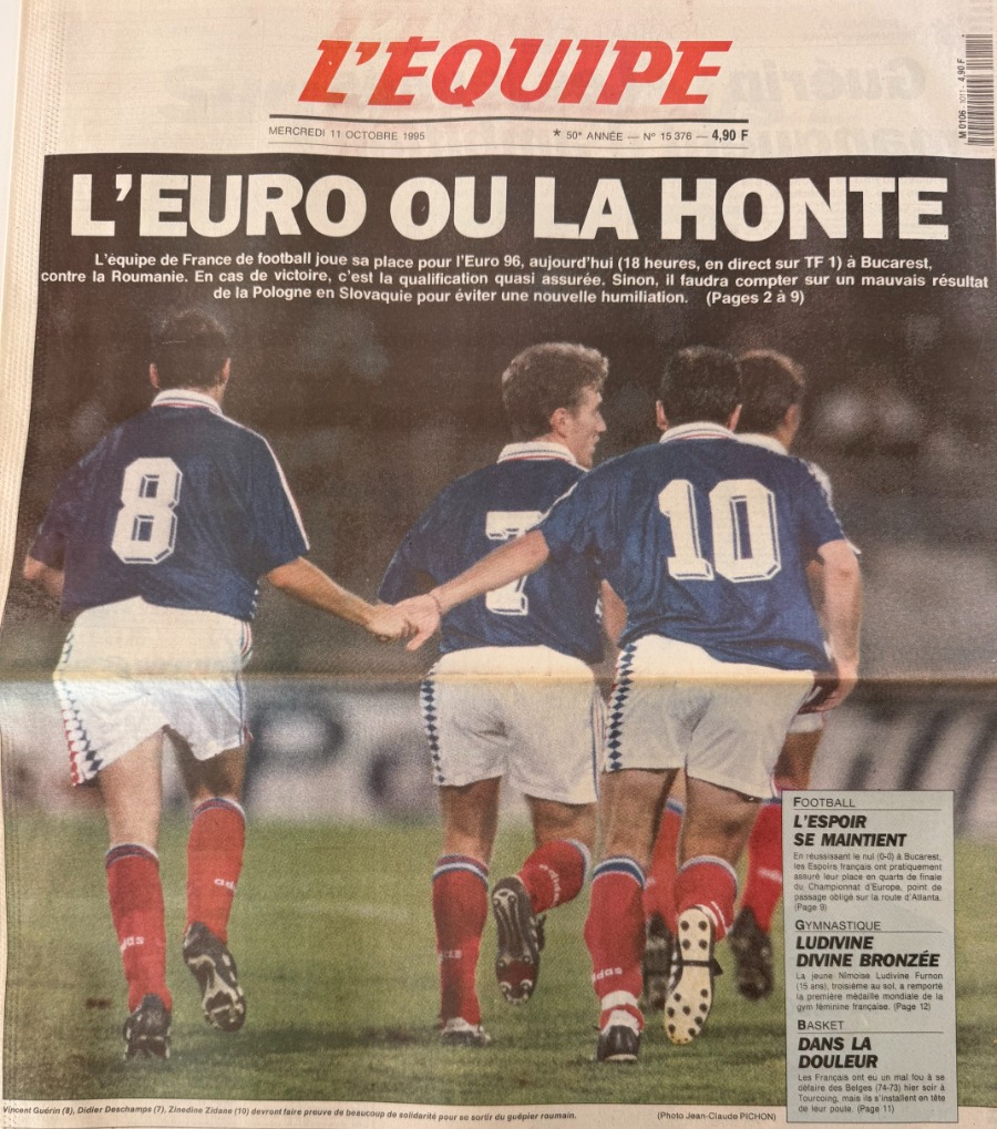 Journal l'équipe 11/10/1995 L'Euro ou la honte France / Roumanie - football - Journal L'Équipe authentique - Revue Vintage