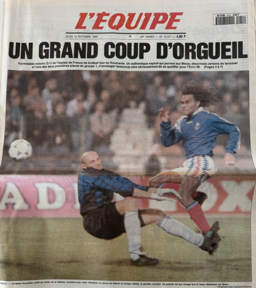 Journal l'équipe 12/10/1995 Un grand coup d'orgueil France / Roumanie - football - Journal L'Équipe authentique - Revue Vintage